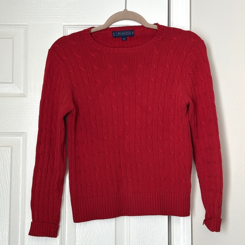 J. McLaughlin Red Cable Knit Sweater Crew Ribbed Cuffs Long Sleeves Vintage XS
